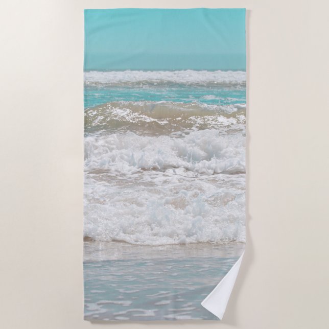 Turquoise Blue Sky Ocean Sea Waves Foam Beach Towel (Front)