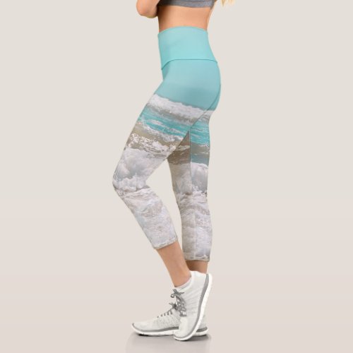 Turquoise Blue Sky Ocean Sea Waves Foam Capri Leggings