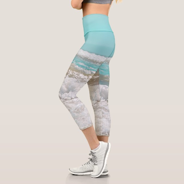 Turquoise Blue Sky Ocean Sea Waves Foam Capri Leggings (Left)