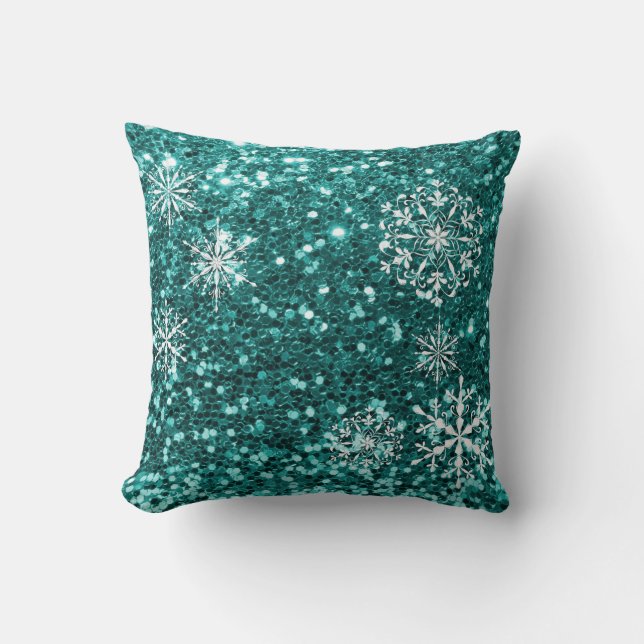 Turquoise Blue Snowflake Glitter Christmas Throw Pillow (Front)