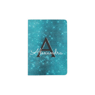Turquoise Blue Sparkle Bling Girly Monogram Name Passport Holder