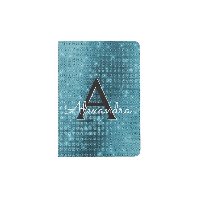 Turquoise Blue Sparkle Bling Girly Monogram Name Passport Holder (Front)