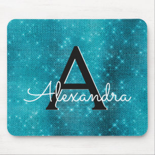 Turquoise Blue Sparkle Girly Monogram Name Mouse Pad