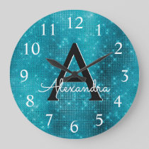 Turquoise Blue Sparkle Monogram Name & Initial Large Clock
