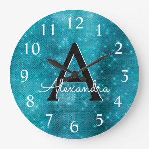 Turquoise Blue Sparkle Monogram Name & Initial Large Clock