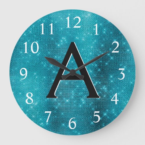 Turquoise Blue Sparkle Monogram Name  Initial Large Clock