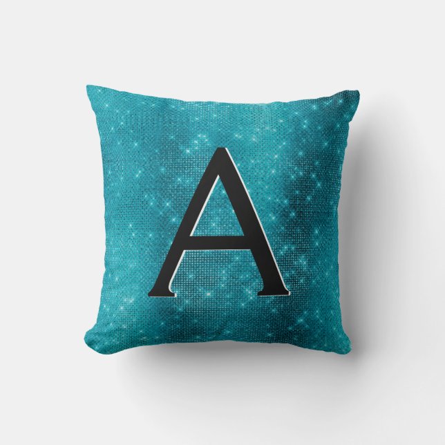 Turquoise Blue Sparkle Monogram Name & Initial Throw Pillow (Front)