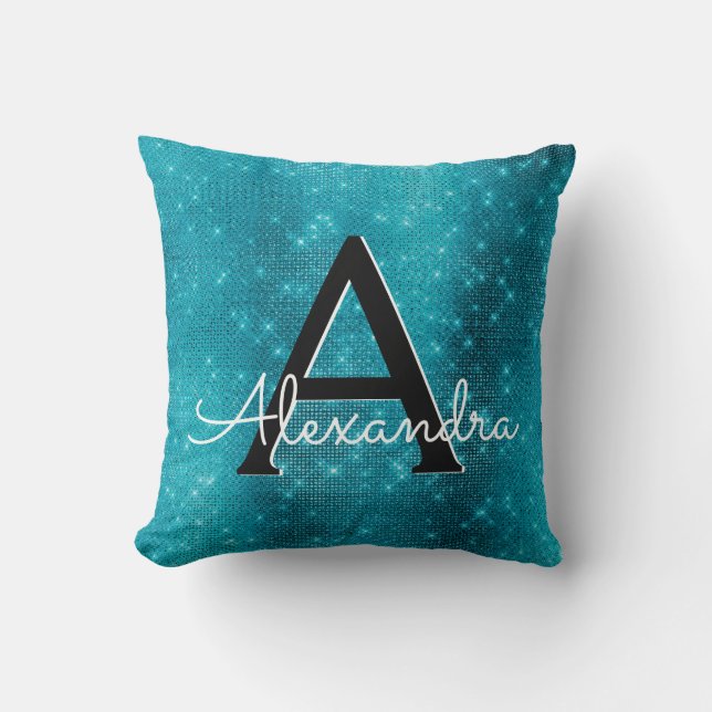 Turquoise Blue Sparkle Monogram Name & Initial Throw Pillow (Front)