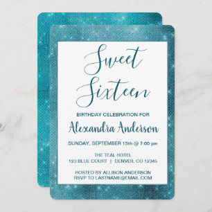 Turquoise Blue Sparkle Sweet Sixteen Birthday Invitation