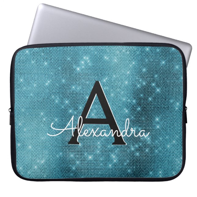 Turquoise Blue Sparkling Stars Monogram Laptop Sleeve (Front)