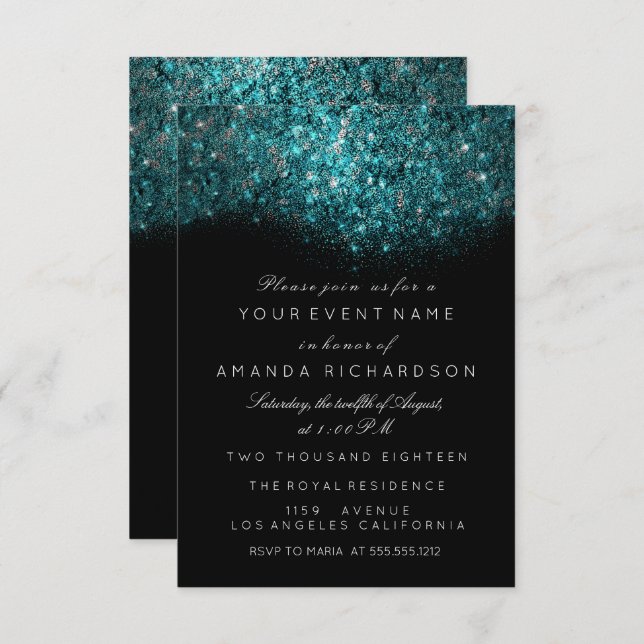Turquoise Blue Sparkly Glitter Black White Event Invitation (Front/Back)