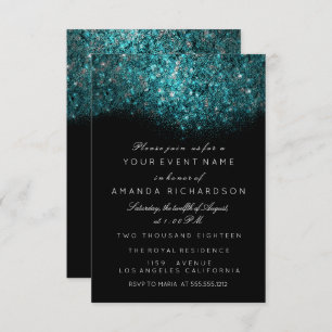 Turquoise Blue Sparkly Glitter Black White Event Invitation