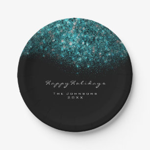 Turquoise Blue Sparkly Glitter Black White Holiday Paper Plates
