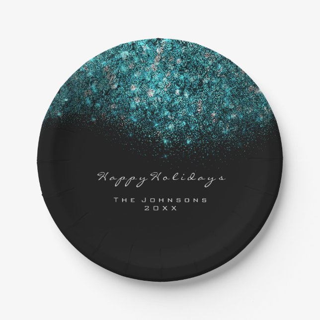 Turquoise Blue Sparkly Glitter Black White Holiday Paper Plates (Front)