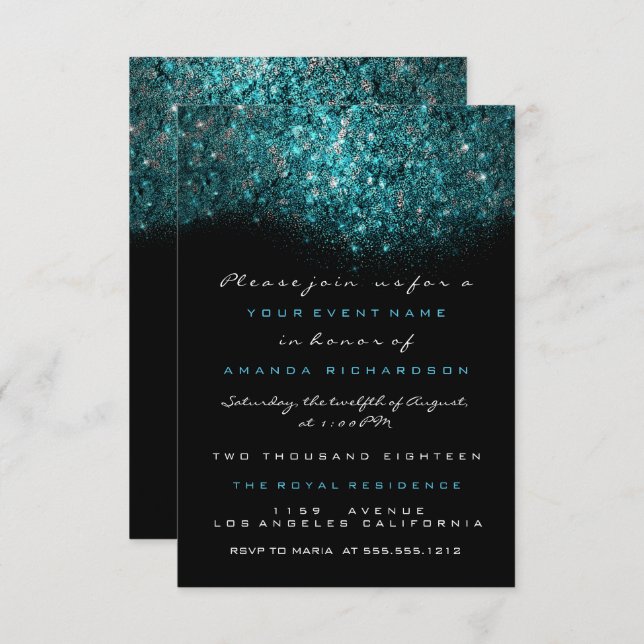 Turquoise Blue Sparkly Glitter Black White Officia Invitation (Front/Back)