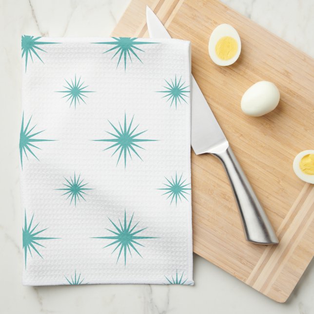 Turquoise Blue Starburst Pattern Mid-century Retro Kitchen Towel (Quarter Fold)