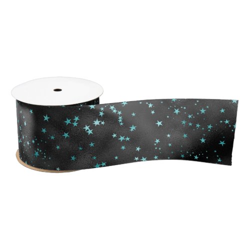 Turquoise Blue Stars on Black Satin Ribbon