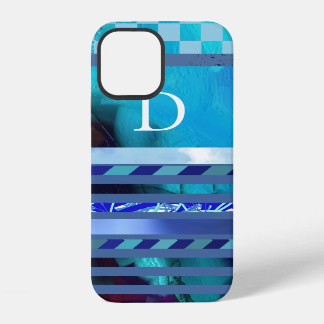 turquoise blue stripes pattern custom-initial iphone case (Back)