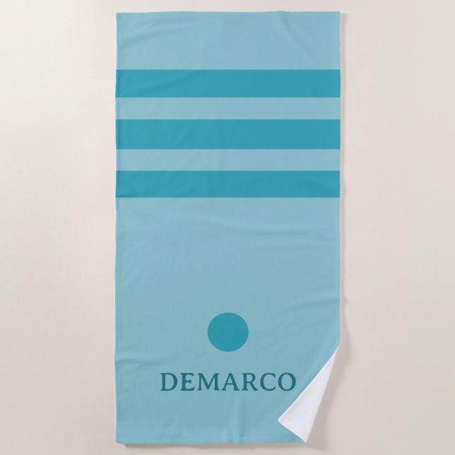 Turquoise Blue Stripes Personalized Beach Towel  (Front)