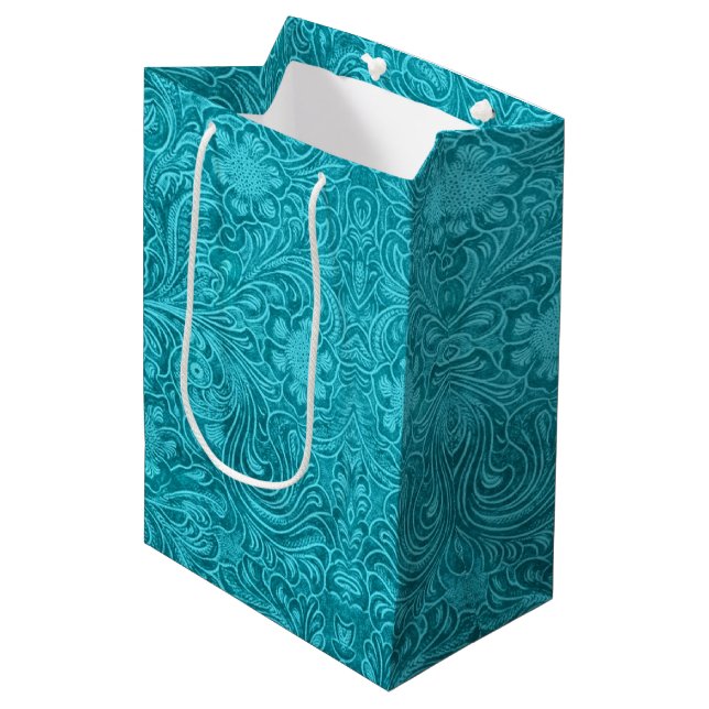 Turquoise-Blue Suede Leather Floral Pattern Medium Gift Bag (Front Angled)