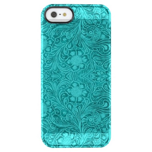 Turquoise Blue Suede Leather Look Embossed Flowers Clear iPhone SE55s Case