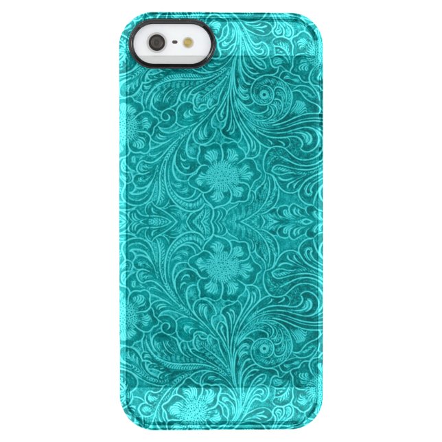 Turquoise Blue Suede Leather Look Embossed Flowers Uncommon iPhone Case (Back)