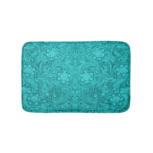 Turquoise_Blue Suede Leather Texture Floral Design Bath Mat