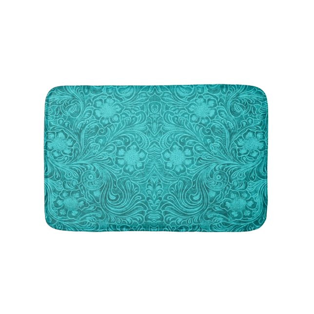 Turquoise-Blue Suede Leather Texture Floral Design Bath Mat (Front)