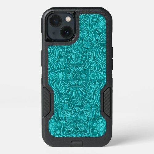 Turquoise Blue Suede Leather Texture Floral Design iPhone 13 Case