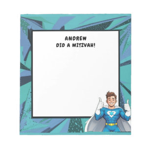 Turquoise Blue Superhero Personalized Mitzvah Notepad