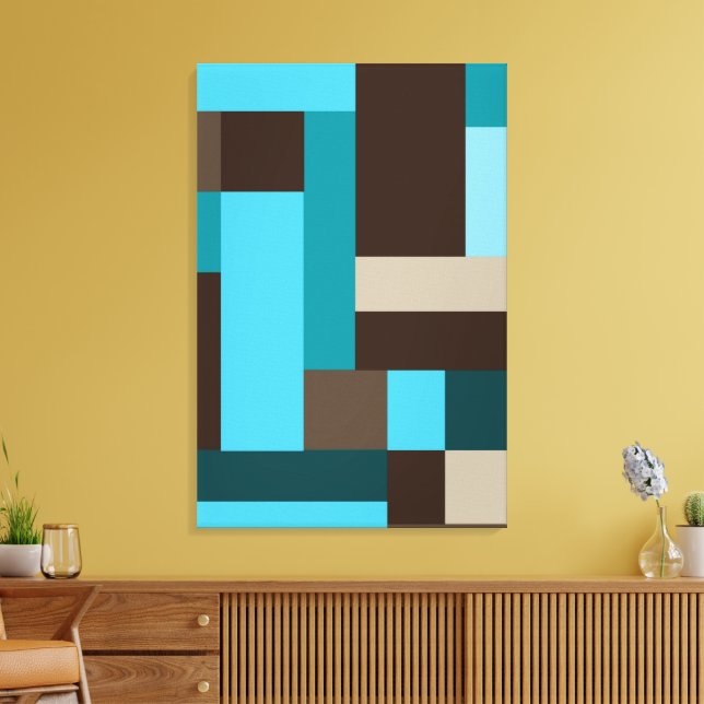 Turquoise Blue Teal & Brown Geometric Modern Art Canvas Print (Insitu(LivingRoom))