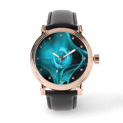 TURQUOISE BLUE TEAL FRACTAL ROSE WATCH