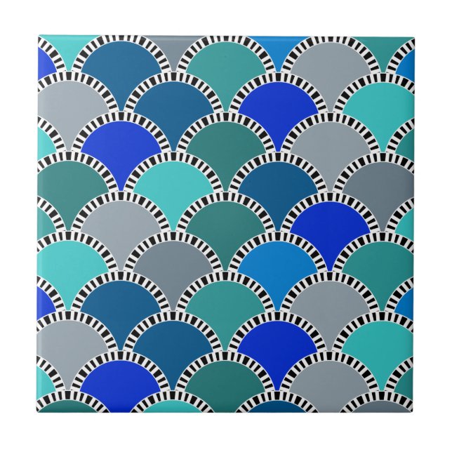 Turquoise Blue Teal Gray Scales Pattern Ceramic Tile (Front)