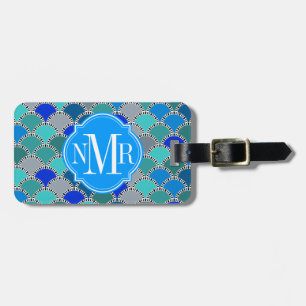 Turquoise Blue Teal Gray Scales Pattern Monogram Luggage Tag