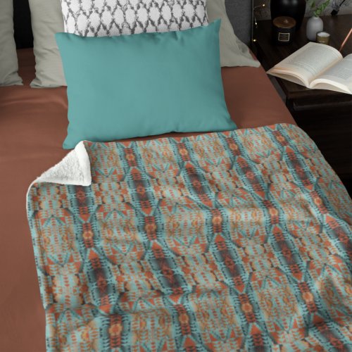 Turquoise Blue Teal Green Rust Orange Tribal Art Fleece Blanket