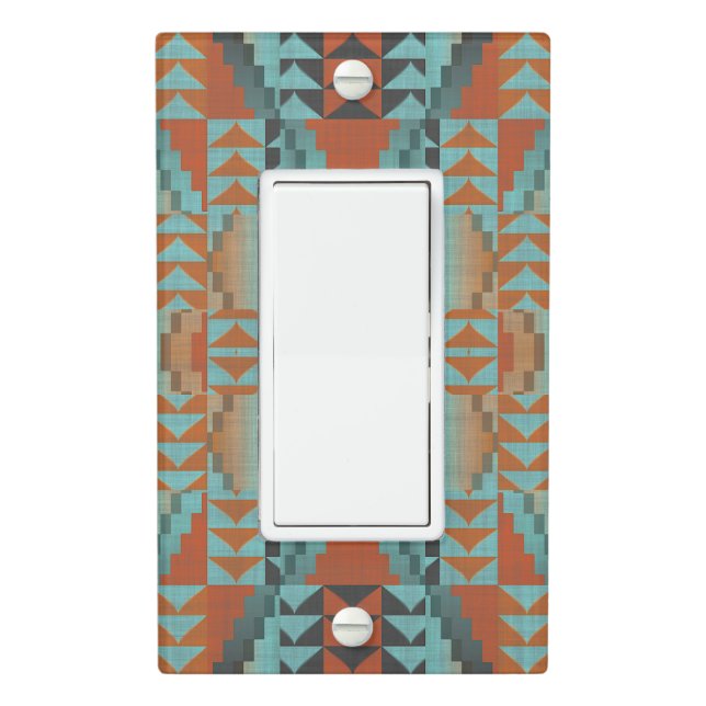 Turquoise Blue Teal Green Rust Orange Tribal Art Light Switch Cover (In Situ)