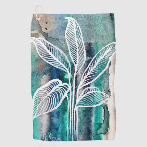  Turquoise Blue  Teal Modern Botanical Watercolor Golf Towel