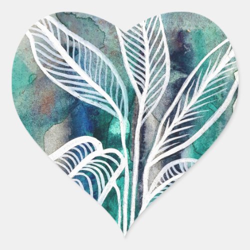  Turquoise Blue  Teal Modern Botanical Watercolor Heart Sticker