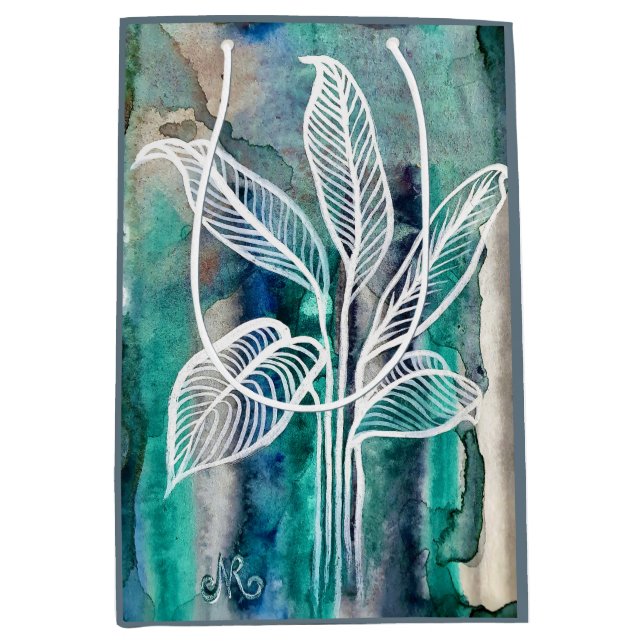  Turquoise Blue & Teal Modern Botanical Watercolor Medium Gift Bag (Front)
