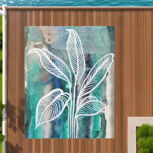  Turquoise Blue  Teal Modern Botanical Watercolor Outdoor Rug
