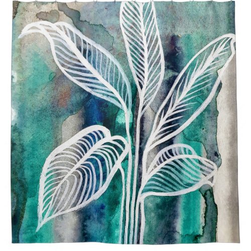  Turquoise Blue  Teal Modern Botanical Watercolor Shower Curtain