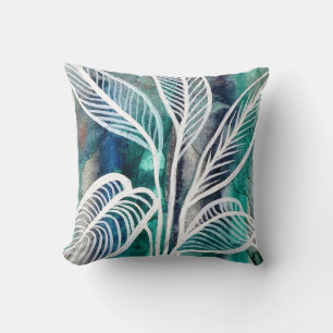  Turquoise Blue & Teal Modern Botanical Watercolor Throw Pillow
