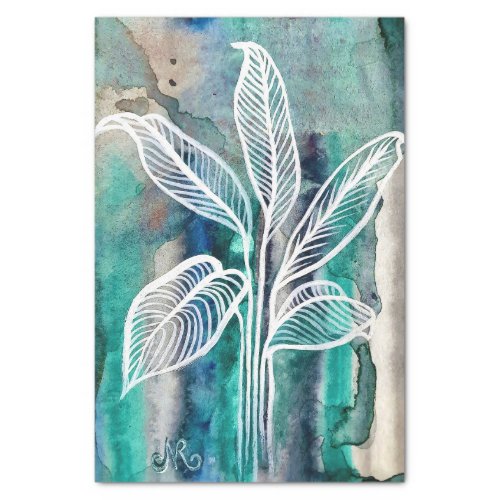  Turquoise Blue  Teal Modern Botanical Watercolor Tissue Paper