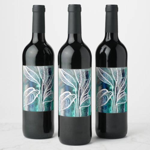 Turquoise Blue  Teal Modern Botanical Watercolor Wine Label