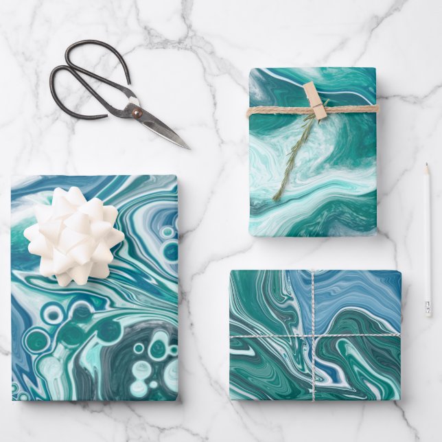 Turquoise Blue Teal Ocean Swirls Wrapping Paper Sheets (Front)