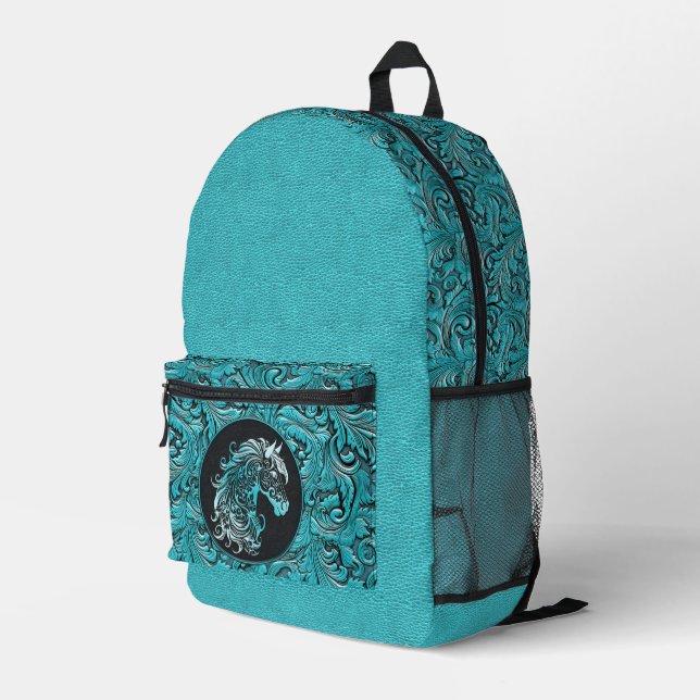 Turquoise blue tooled leather horse head cowgirl printed backpack (Back Corner Right)