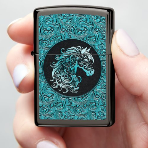 Turquoise blue tooled leather horse head cowgirl zippo lighter