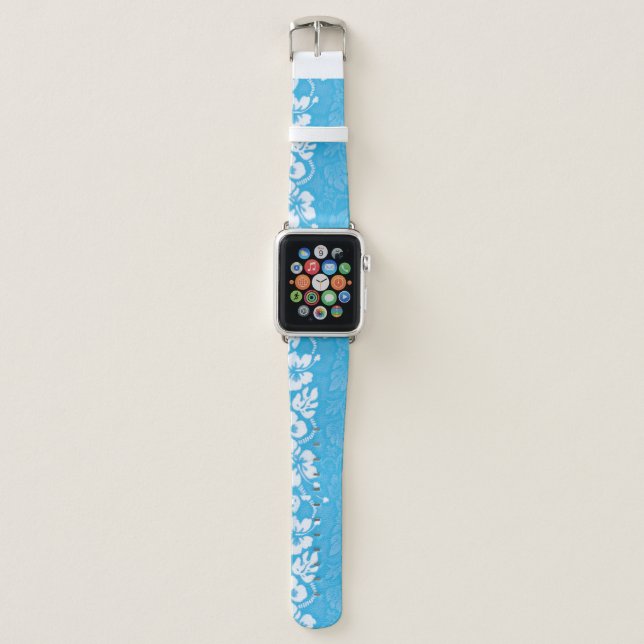 Turquoise Blue Tropical Hibiscus Flower Pattern Apple Watch Band (Front)