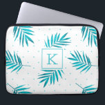 Turquoise-blue tropical leaves pattern laptop sleeve<br><div class="desc">Modern blue-green tropical palm leaves pattern.
Customizable Monogram.</div>