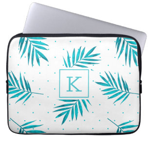 Turquoise-blue tropical leaves pattern laptop sleeve